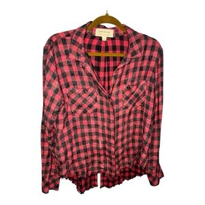 Cloth & Stone Anthropologie Faded Red and Black Plaid Raw Hem Button Down